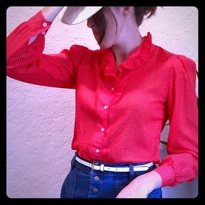 Vintage Blouse Red White PolkA-Dot  with Ruffle